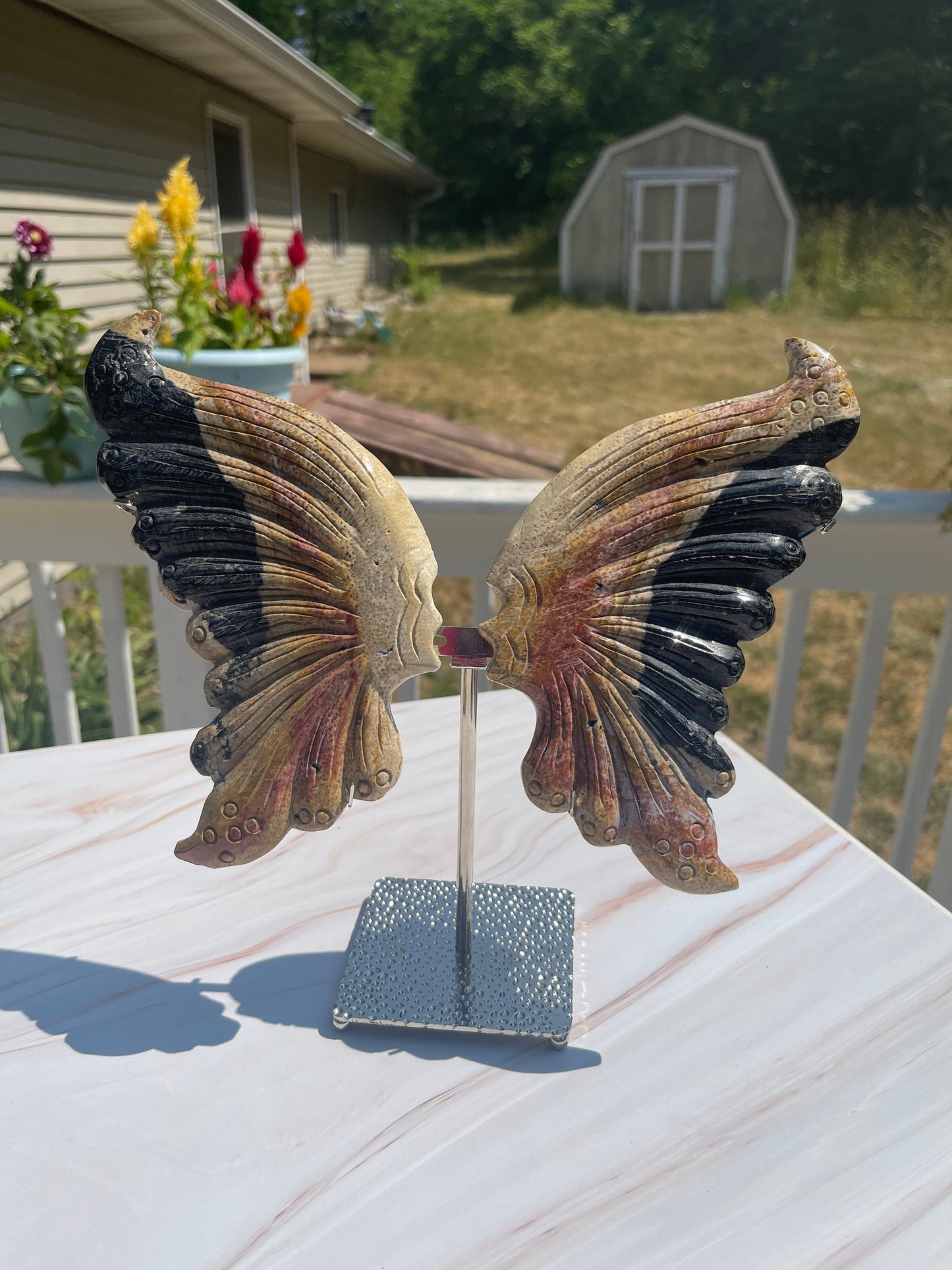 Fossilized Palm Root Crystal Dragon Wings Carving with Stand