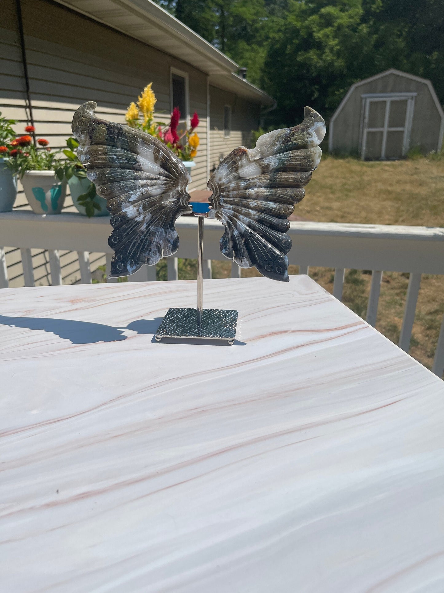 Moss Agate Crystal Butterfly Wings Carving with Stand