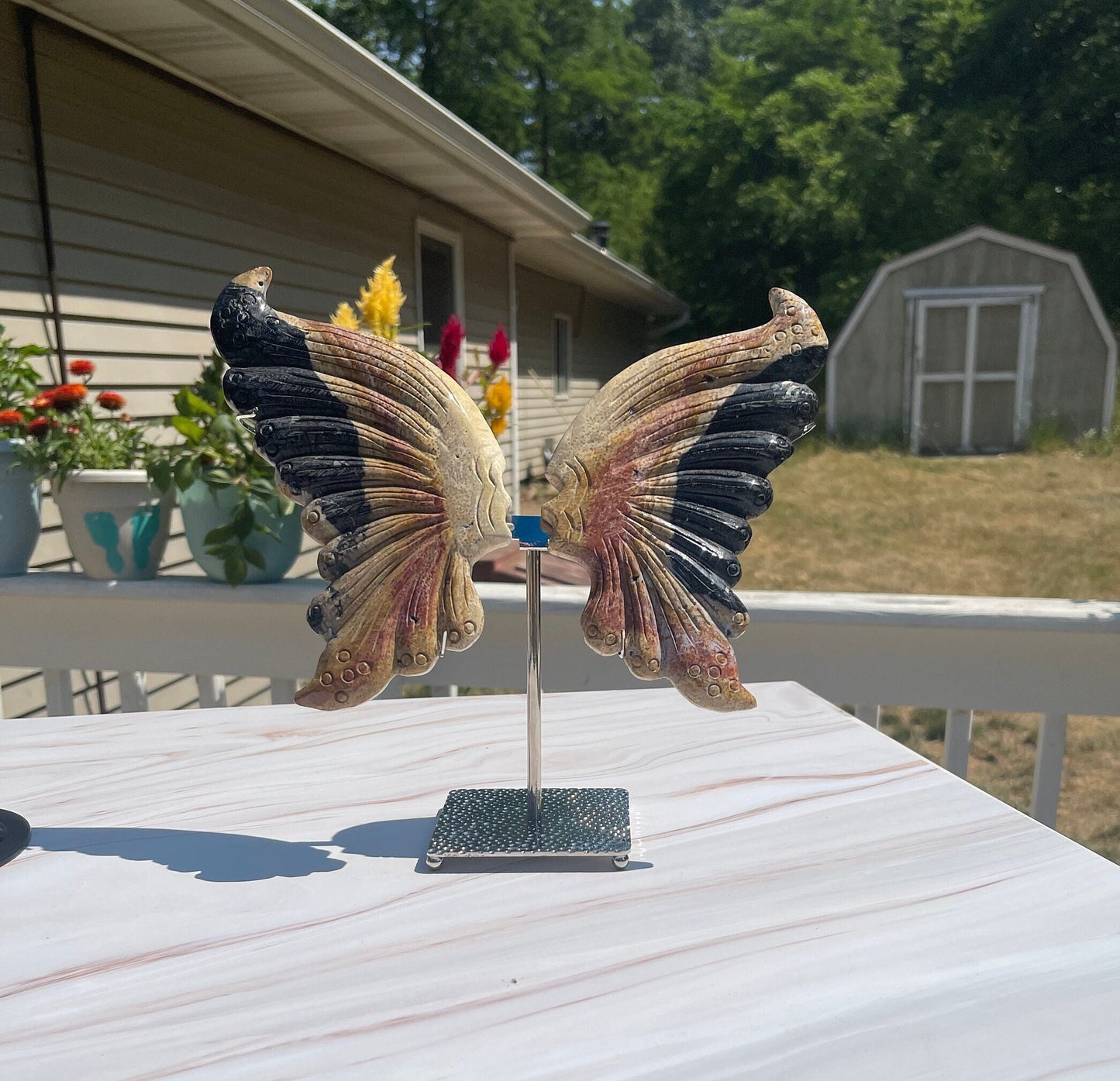 Fossilized Palm Root Crystal Dragon Wings Carving with Stand