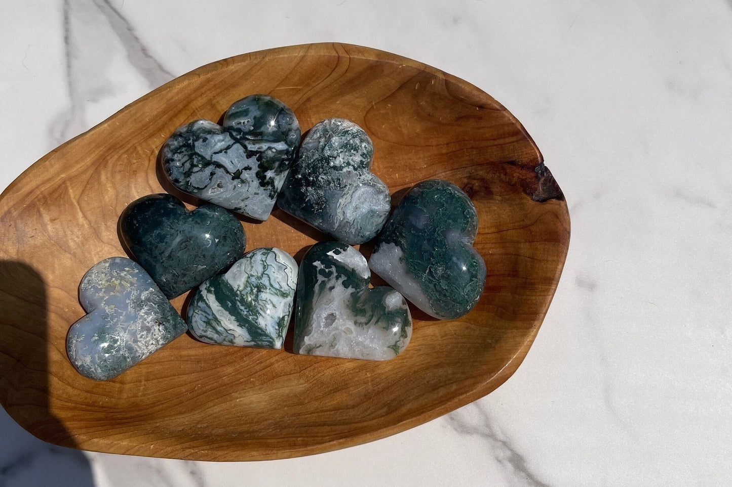 Moss Agate Heart Palm Stone: Crystal Carving, Meditation Gift