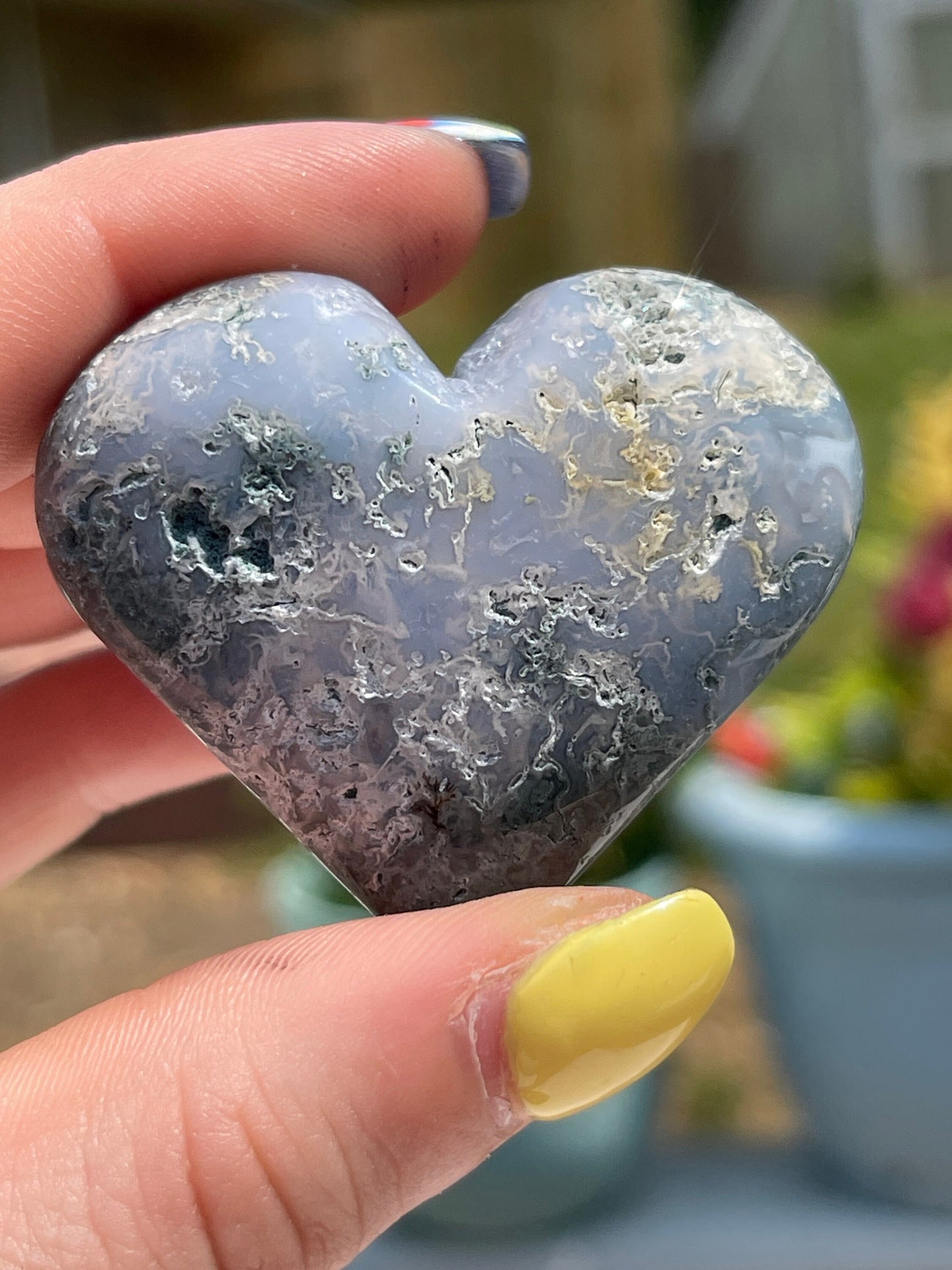 Moss Agate Heart Palm Stone: Crystal Carving, Meditation Gift
