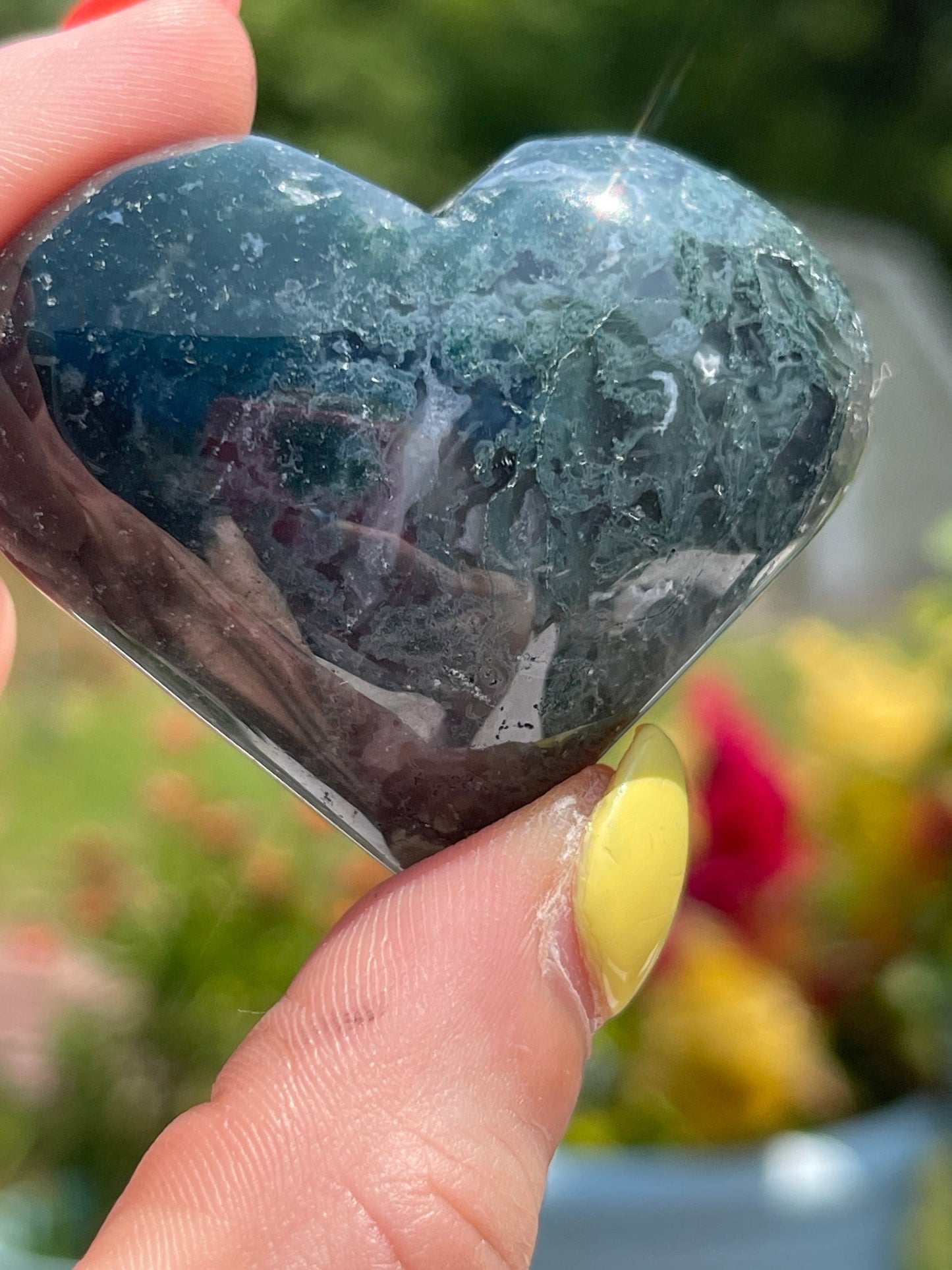 Moss Agate Heart Palm Stone: Crystal Carving, Meditation Gift