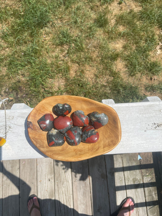 1 African Bloodstone Crystal Heart Carving with Pyrite | meditation | palm stone | abundance