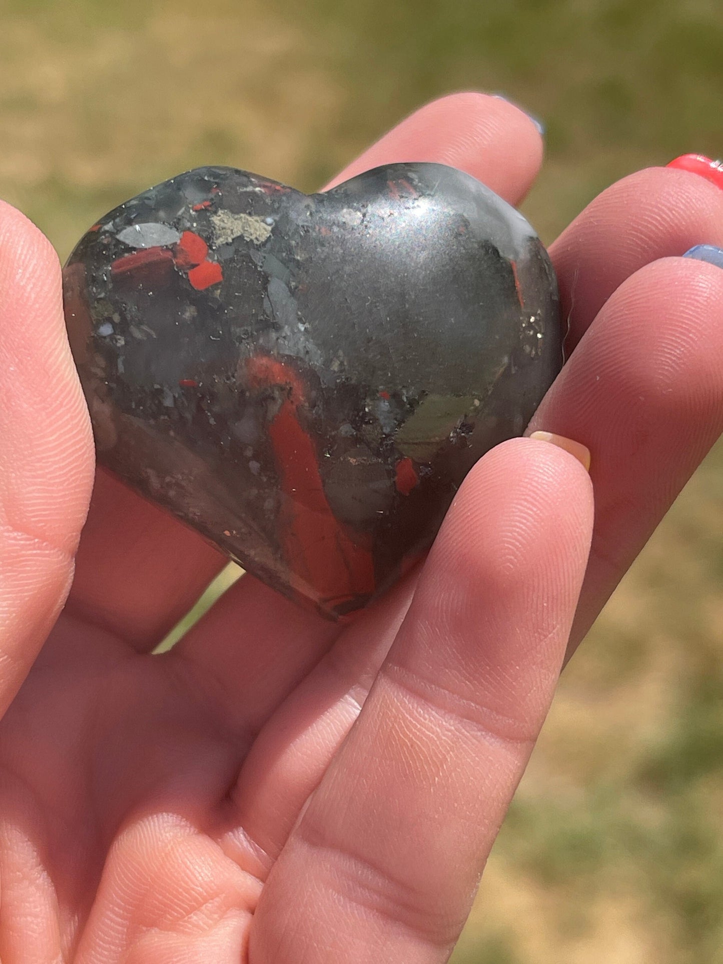 1 African Bloodstone Crystal Heart Carving with Pyrite | meditation | palm stone | abundance