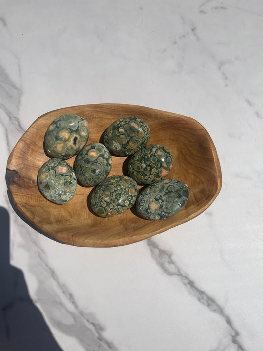 Rainforest Rhyolite Jasper Palm Stone: Crystal Carving