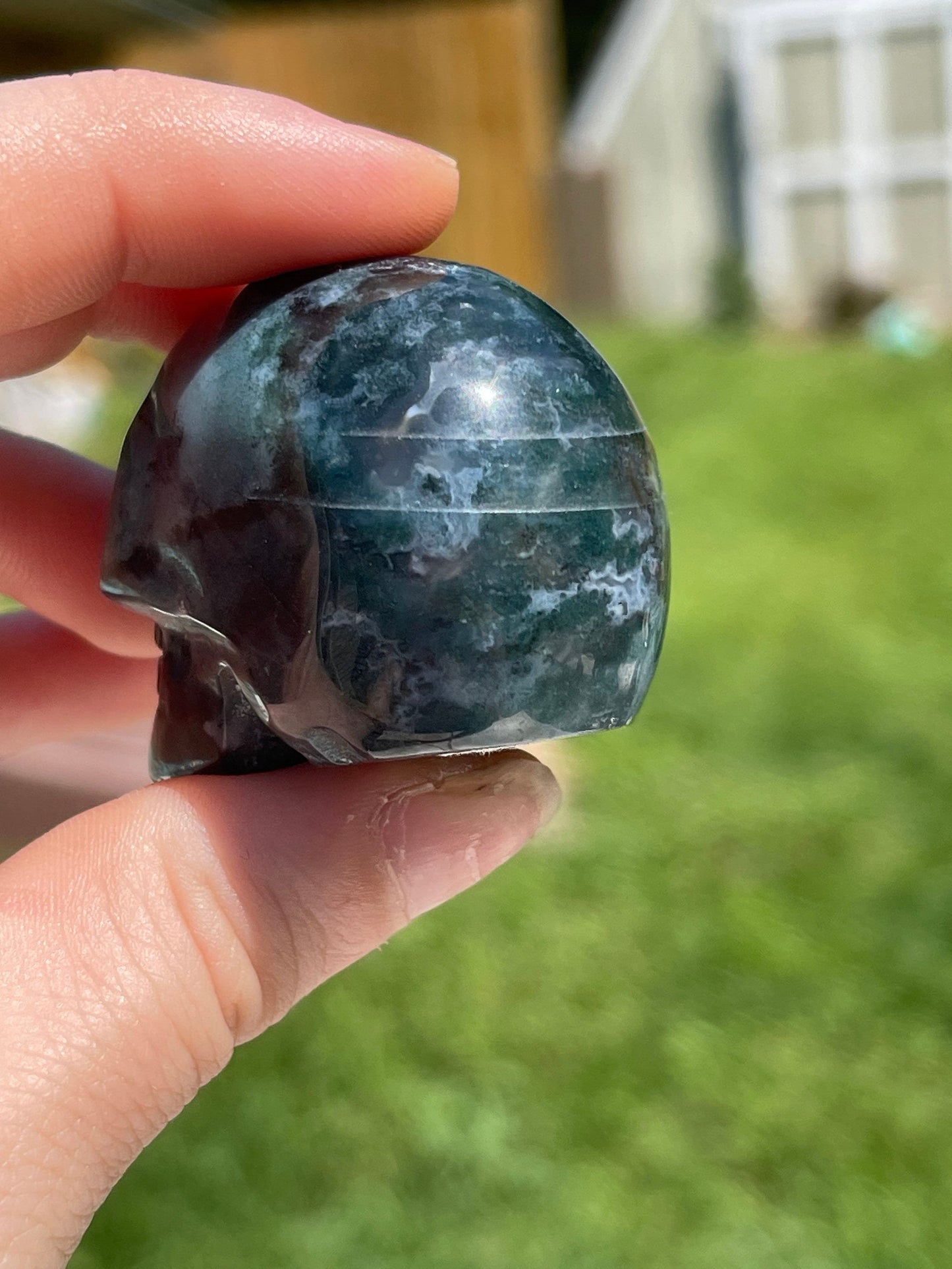 Moss Agate Skull Carving