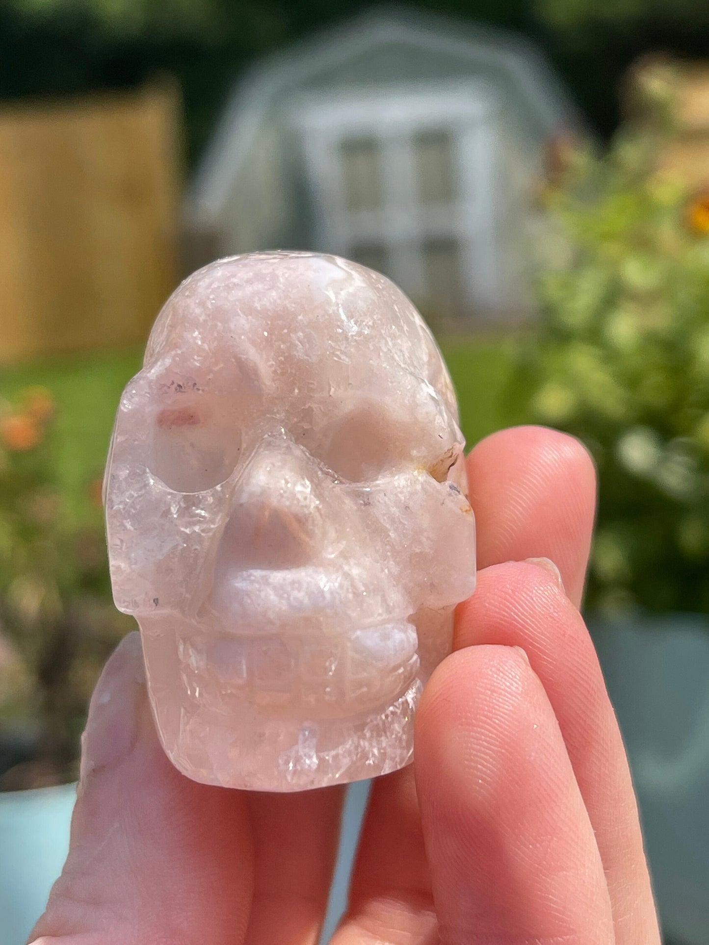 Pink Flower Agate Crystal Skull Carving: Meditation Stone