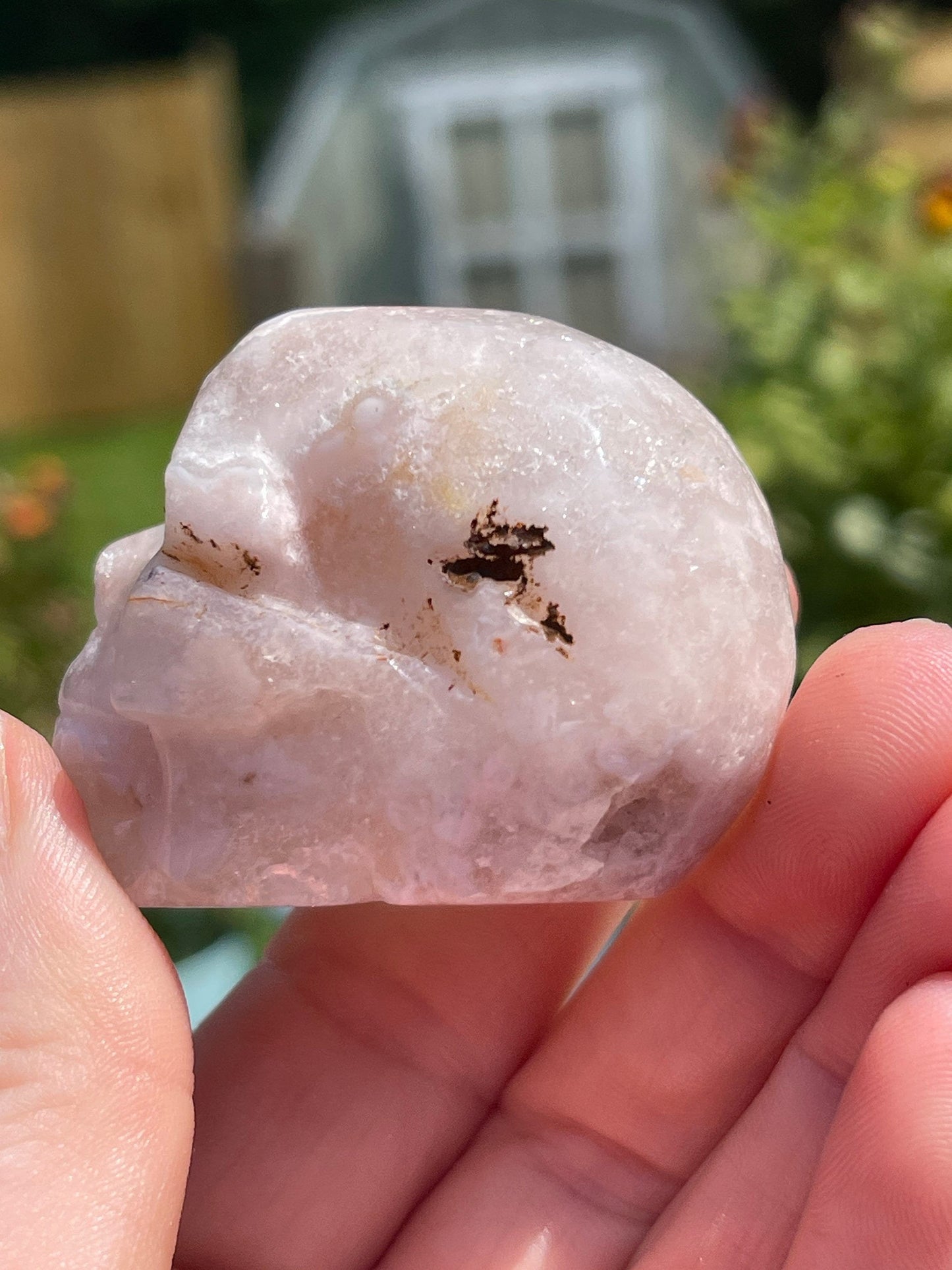 Pink Flower Agate Crystal Skull Carving: Meditation Stone