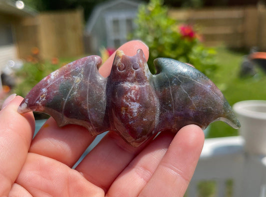 Ocean Jasper Bat Carving: Crystal Animal Figurine
