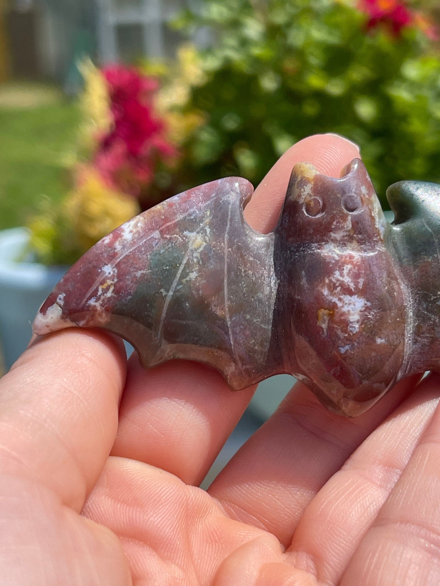 Ocean Jasper Bat Carving: Crystal Animal Figurine