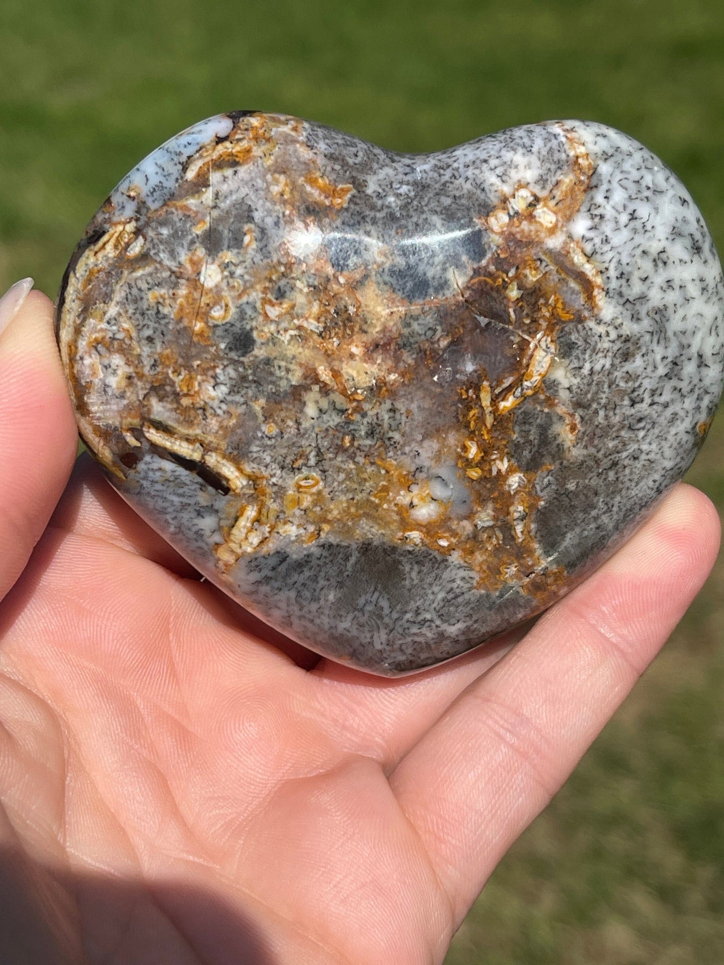 Dendritic Agate Heart Palm Stone