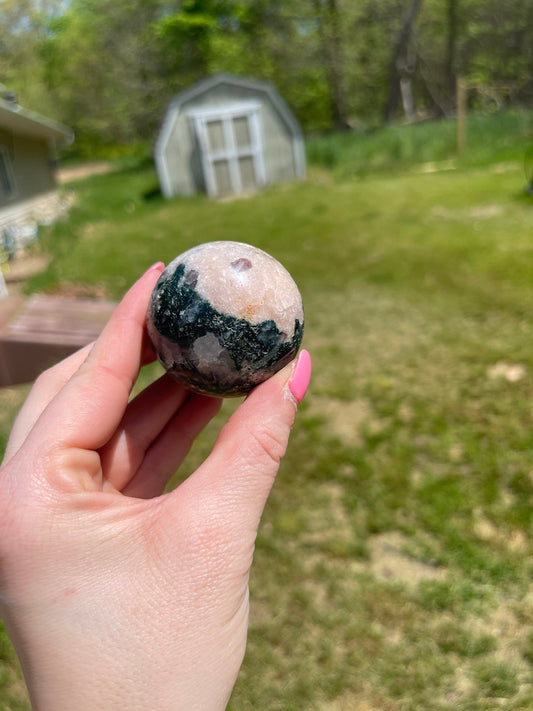 Pink amethyst with moss agate sphere | crystal gift | meditation stone | crystal carving | sparkle