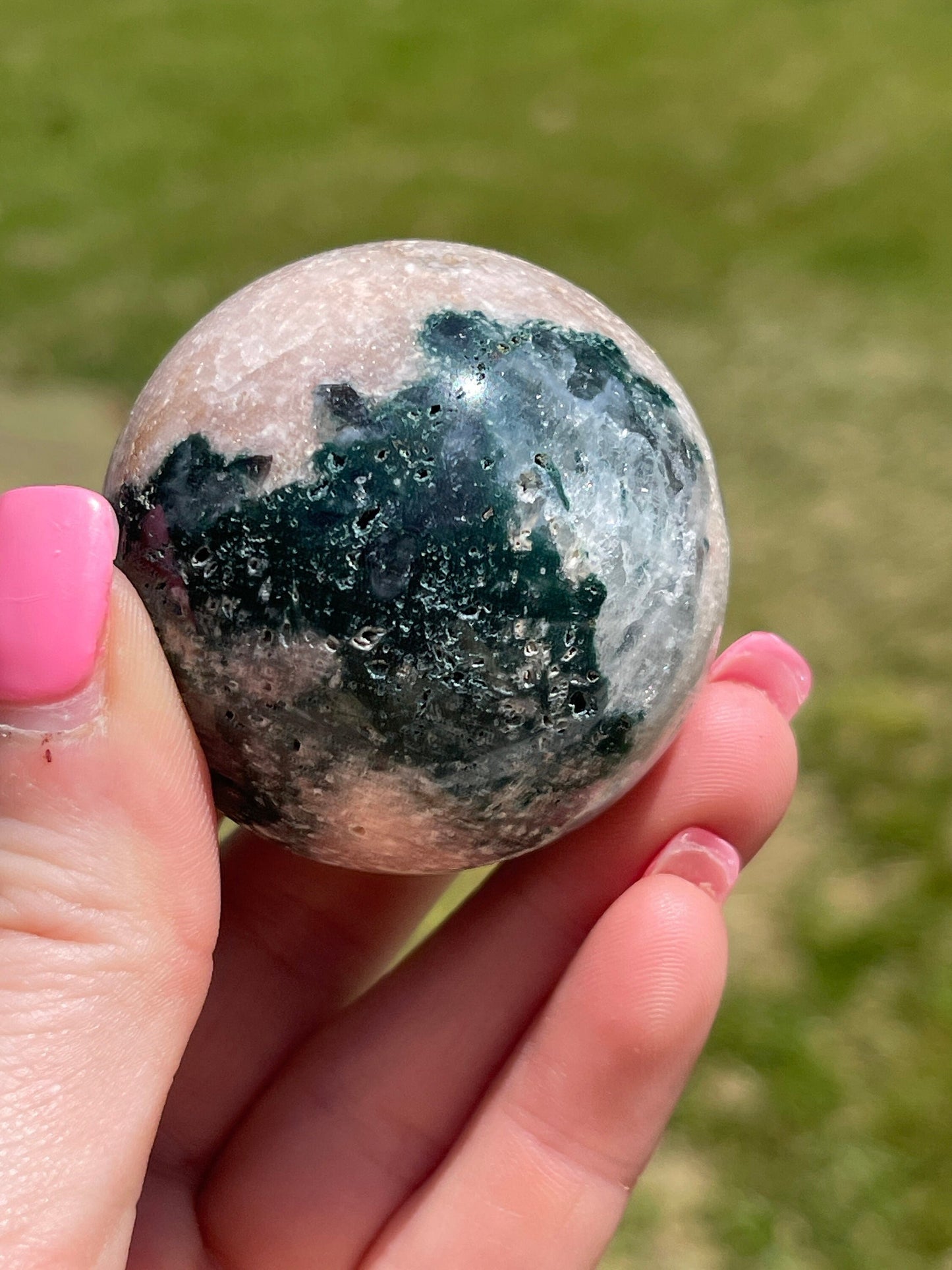 Pink amethyst with moss agate sphere | crystal gift | meditation stone | crystal carving | sparkle