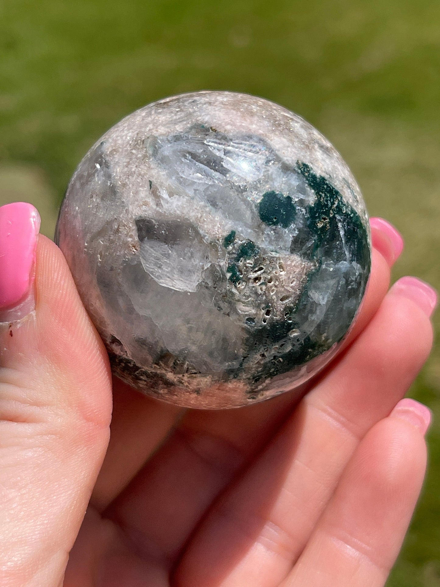 Pink amethyst with moss agate sphere | crystal gift | meditation stone | crystal carving | sparkle