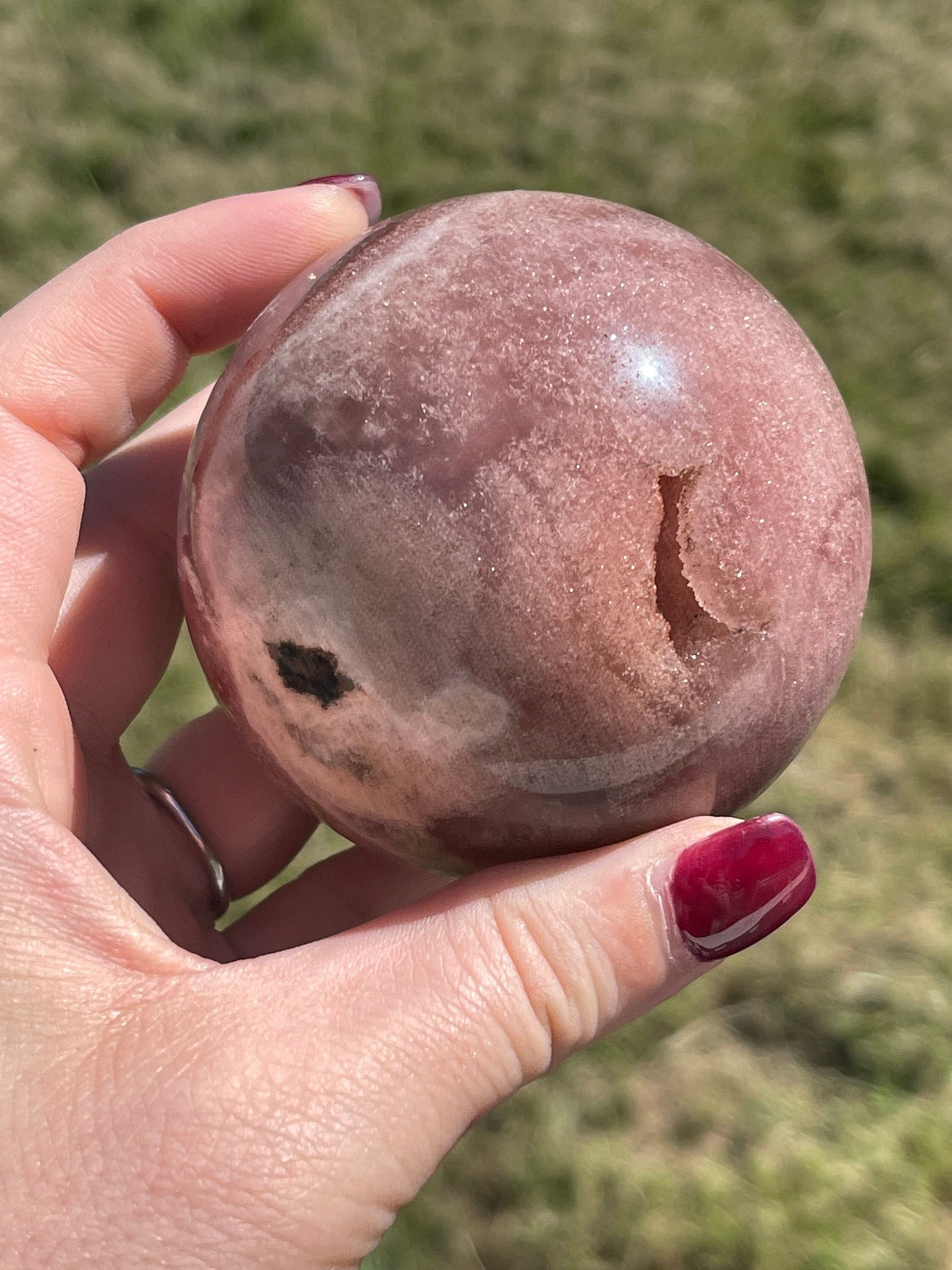 pink amethyst sphere with druzy and moss agate