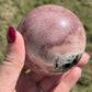 pink amethyst sphere with druzy and moss agate