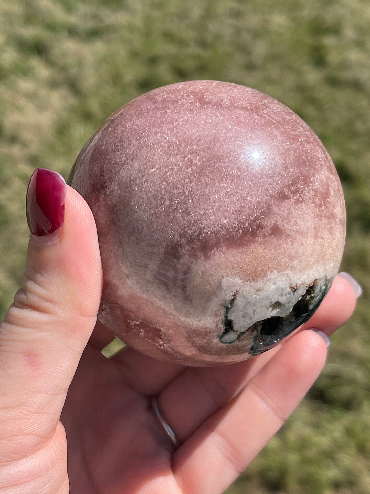 pink amethyst sphere with druzy and moss agate