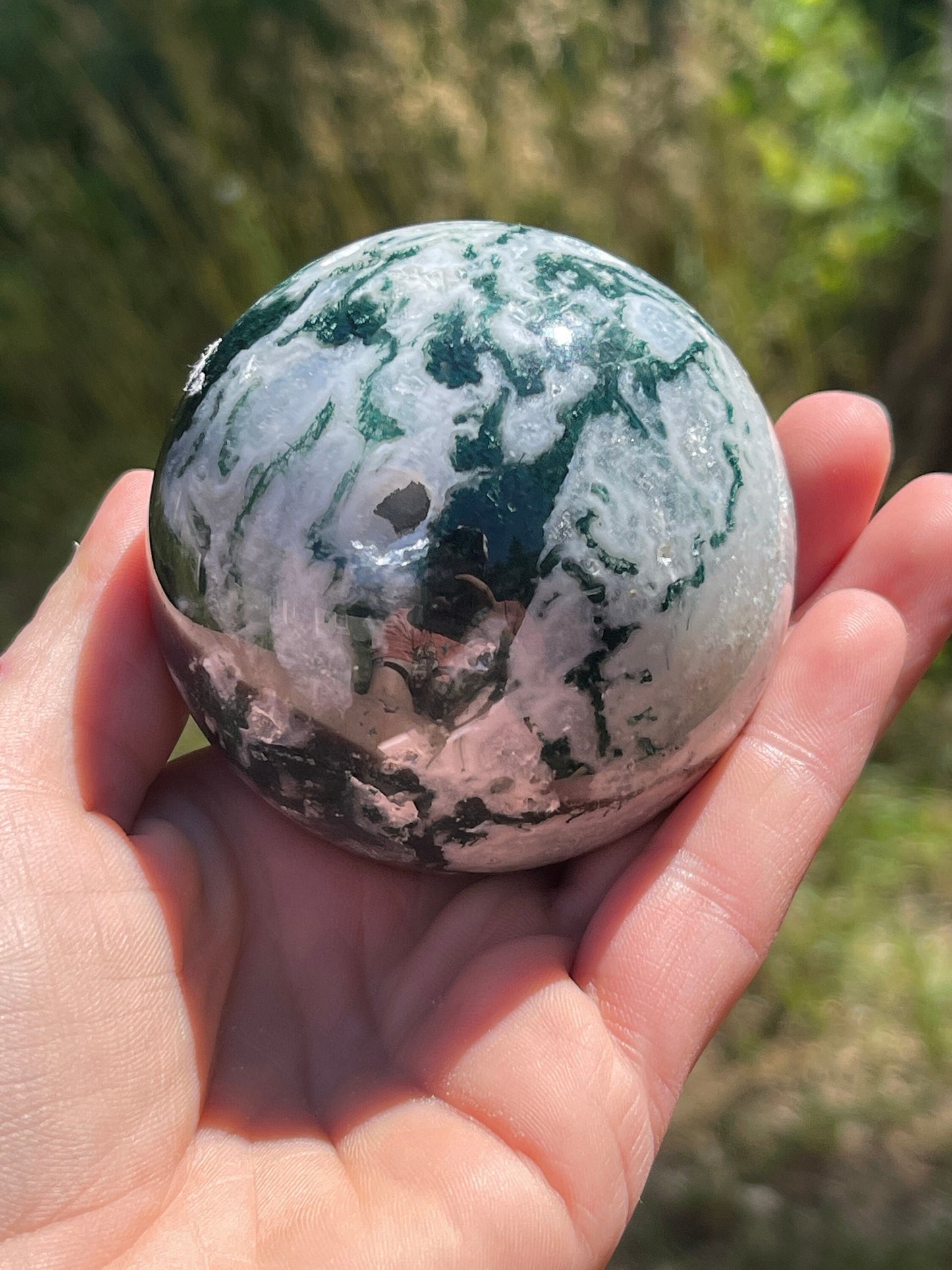 Moss agate sphere with druzy