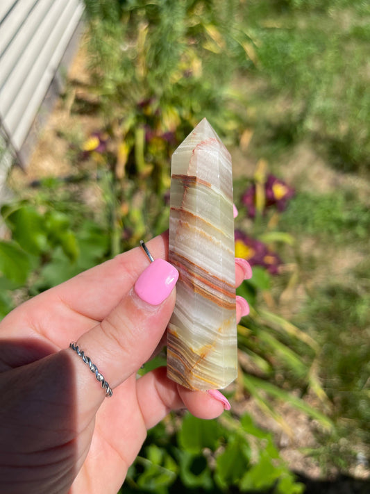 Banded Green Onyx Crystal Point Tower