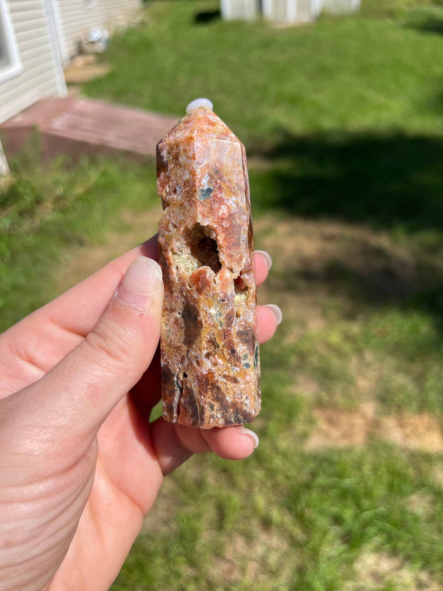 Calcite with Blue Apatite Crystal Point Tower