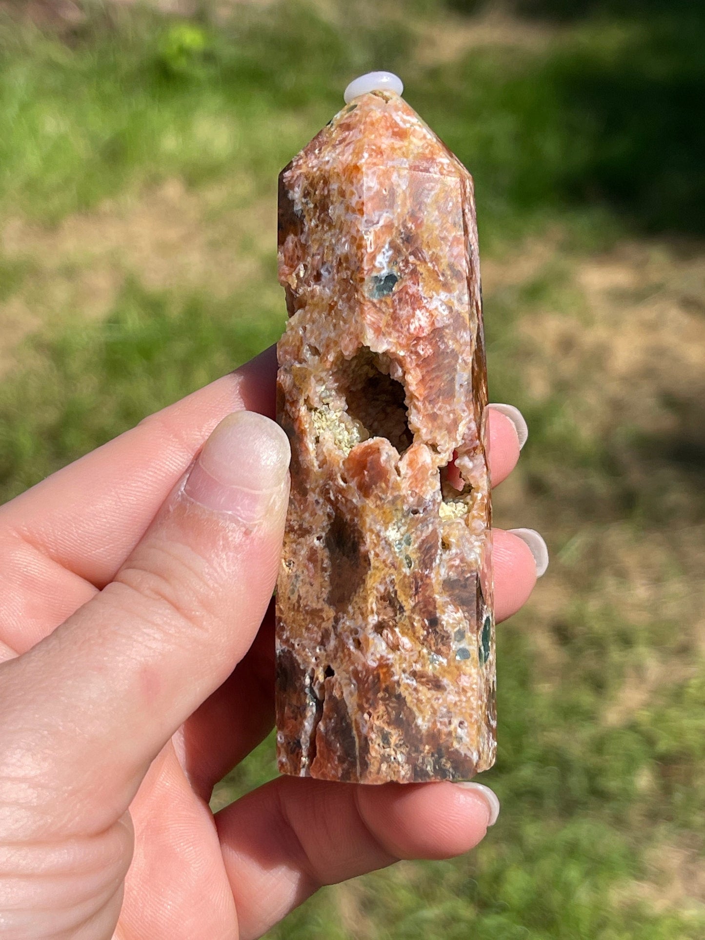 Calcite with Blue Apatite Crystal Point Tower