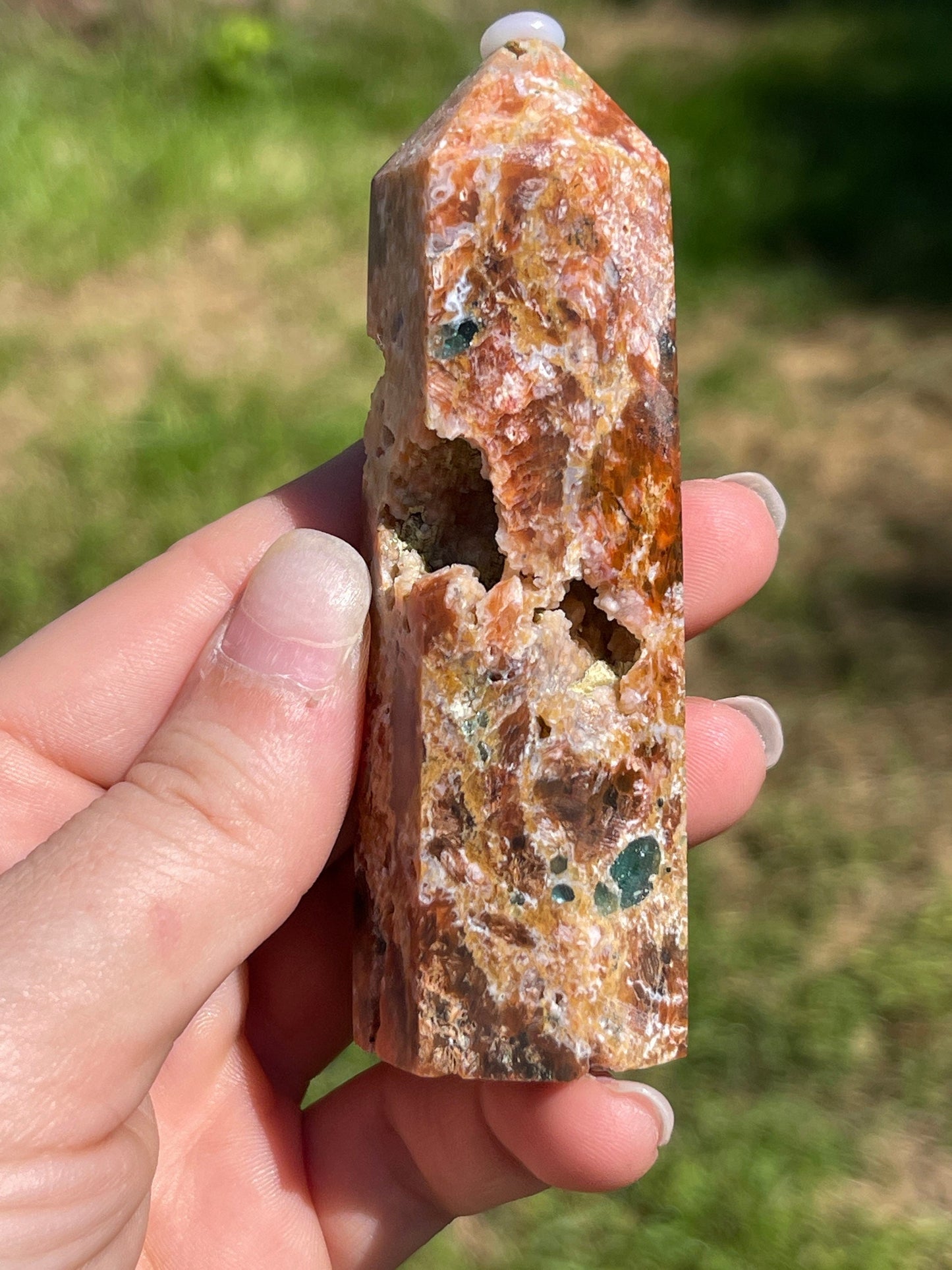 Calcite with Blue Apatite Crystal Point Tower