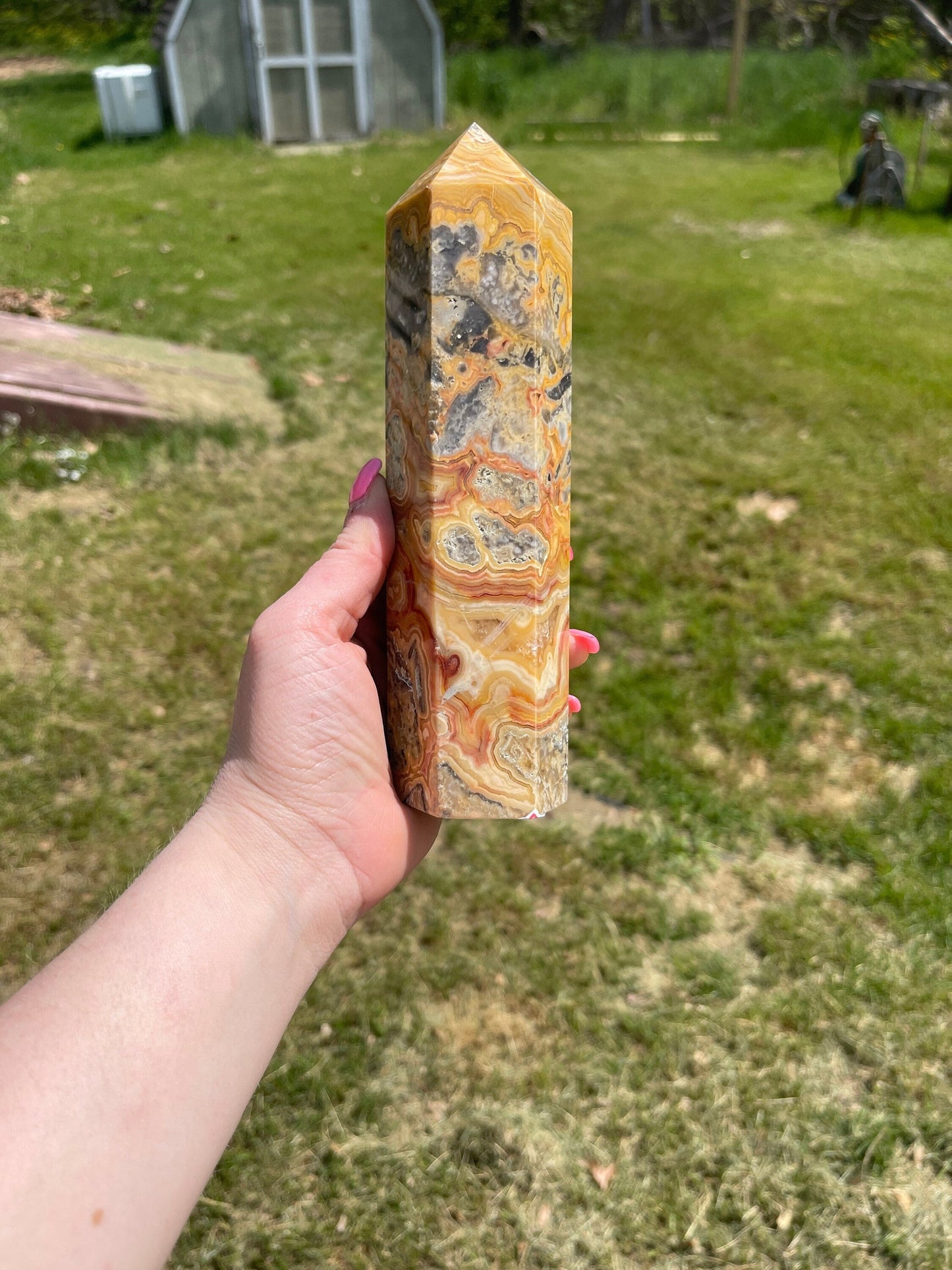 Crazy Lace Agate Crystal Tower: Mexican Carved Stone
