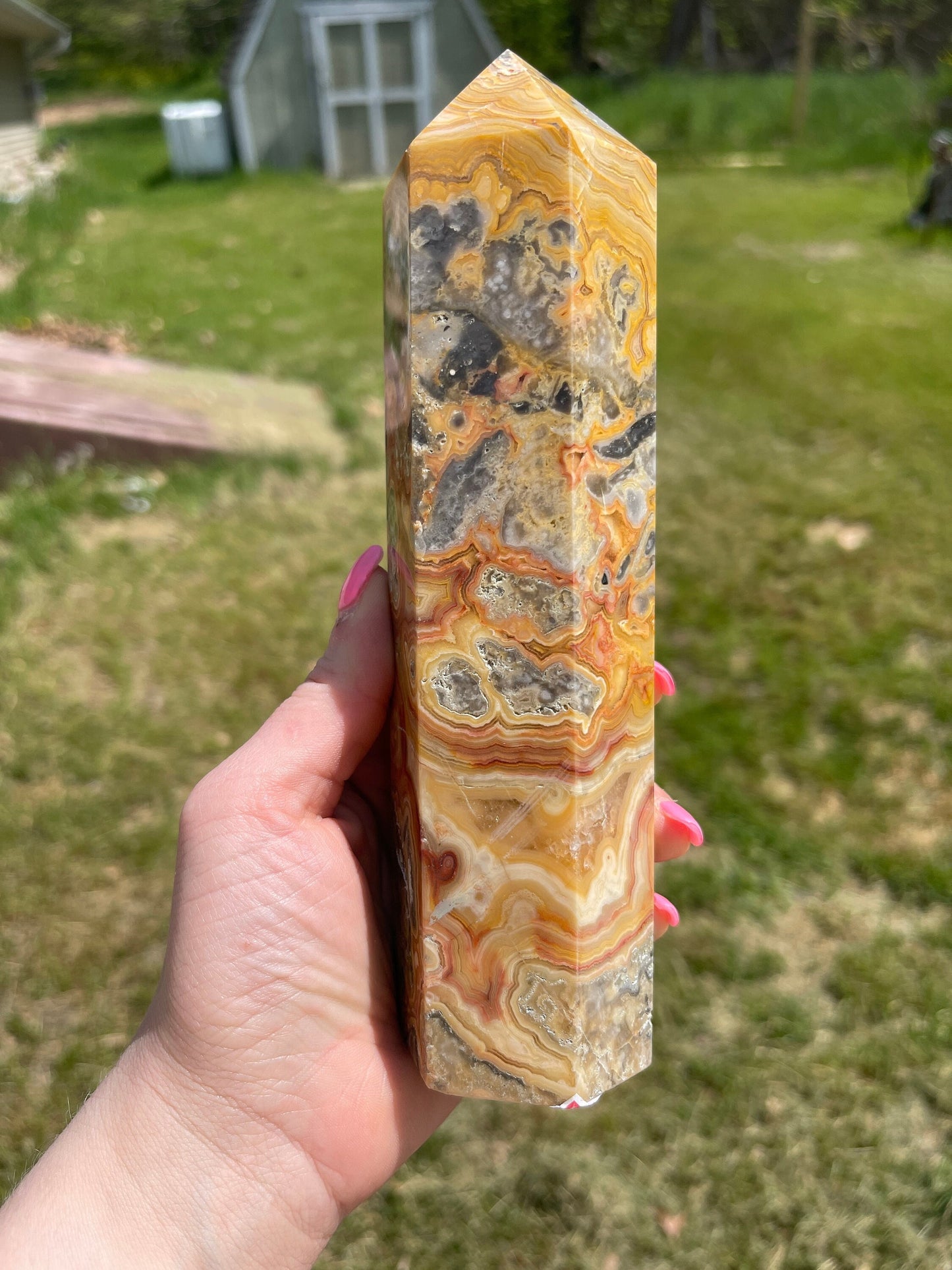 Crazy Lace Agate Crystal Tower: Mexican Carved Stone
