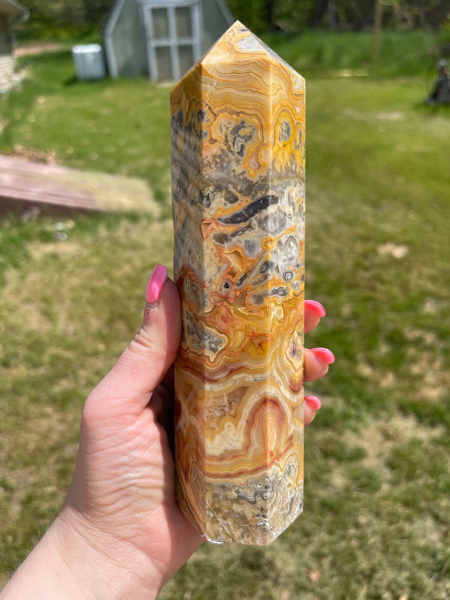 Crazy Lace Agate Crystal Tower: Mexican Carved Stone
