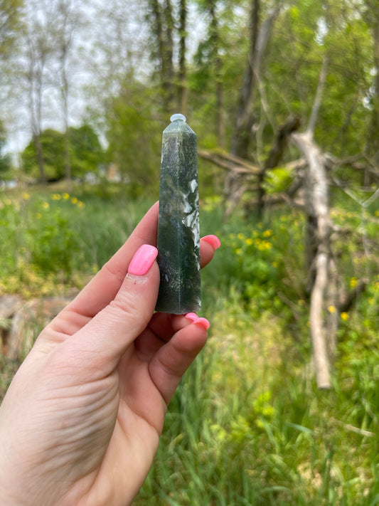 Moss Agate Crystal Tower: New Beginnings, Grounding Stone