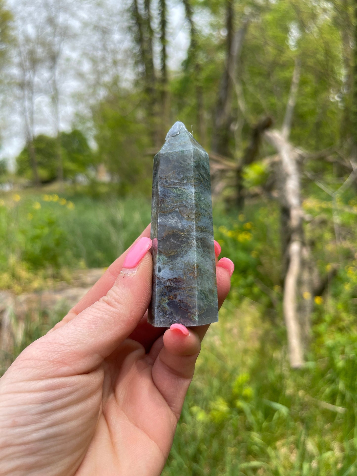 Moss Agate Tower: Crystal Point Gift (3.4in)