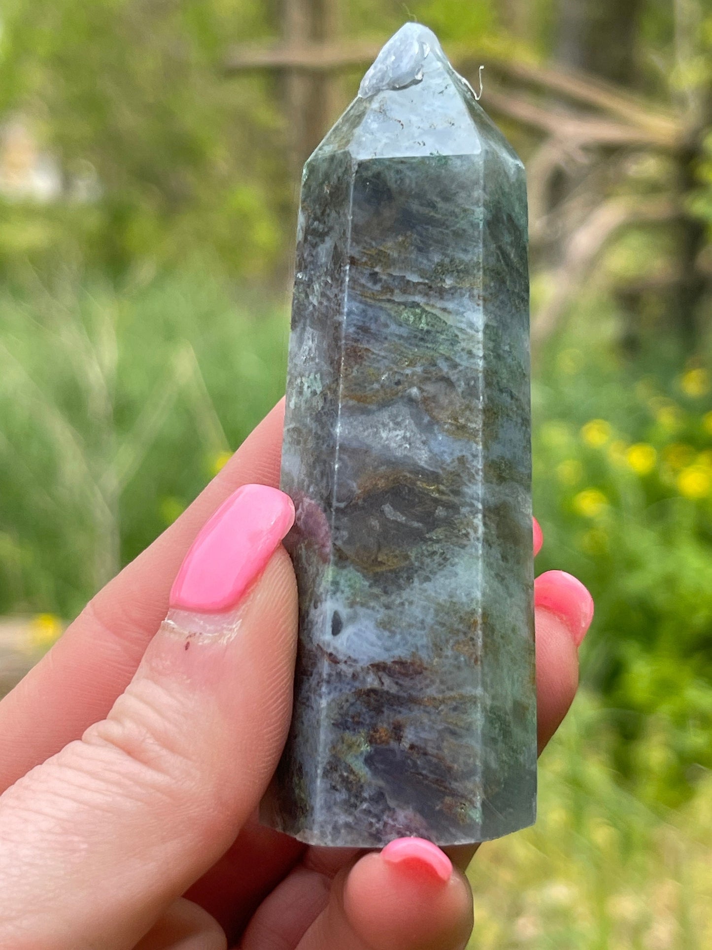 Moss Agate Tower: Crystal Point Gift (3.4in)
