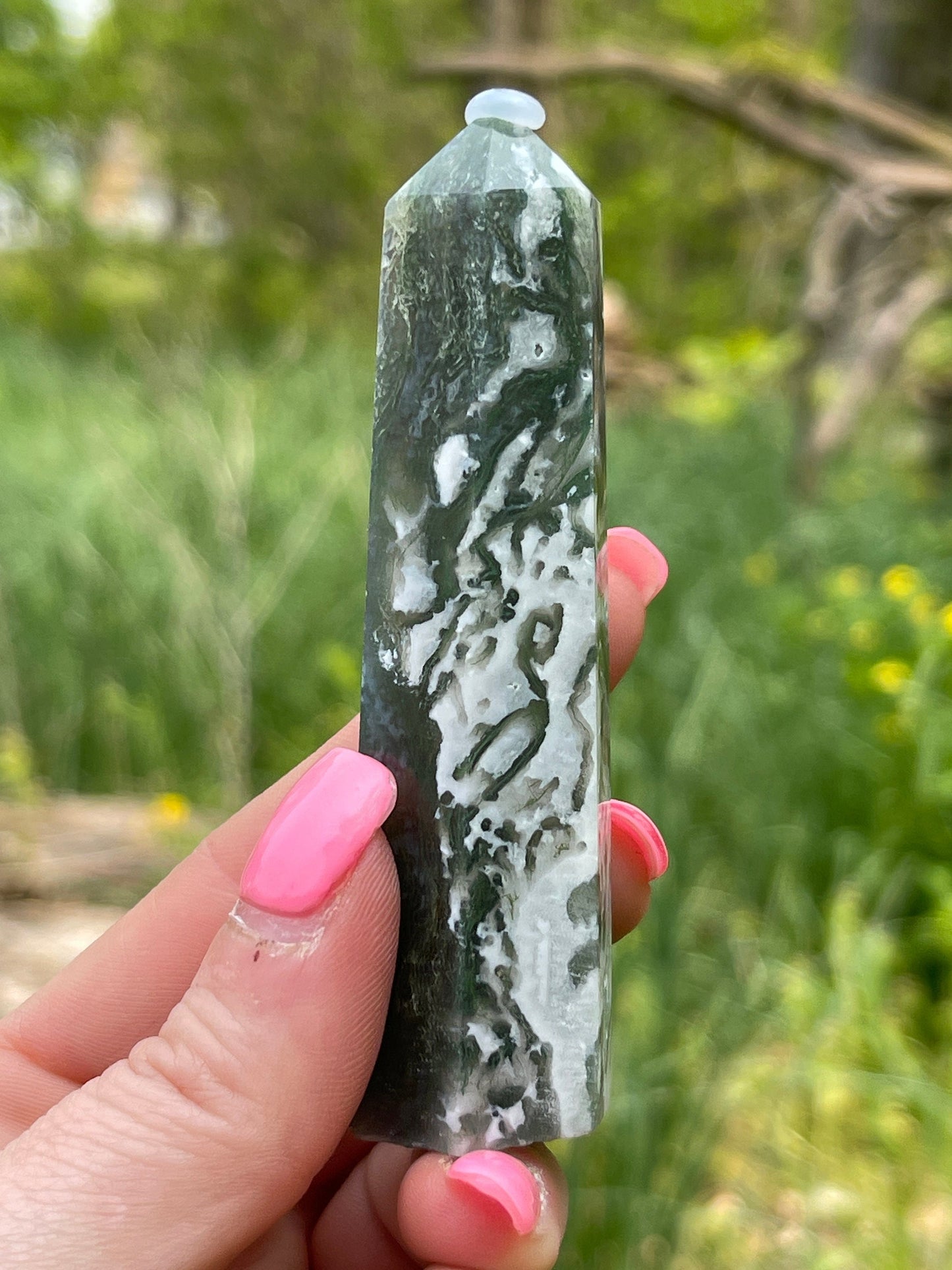 Moss Agate Crystal Tower: New Beginnings, Grounding Stone