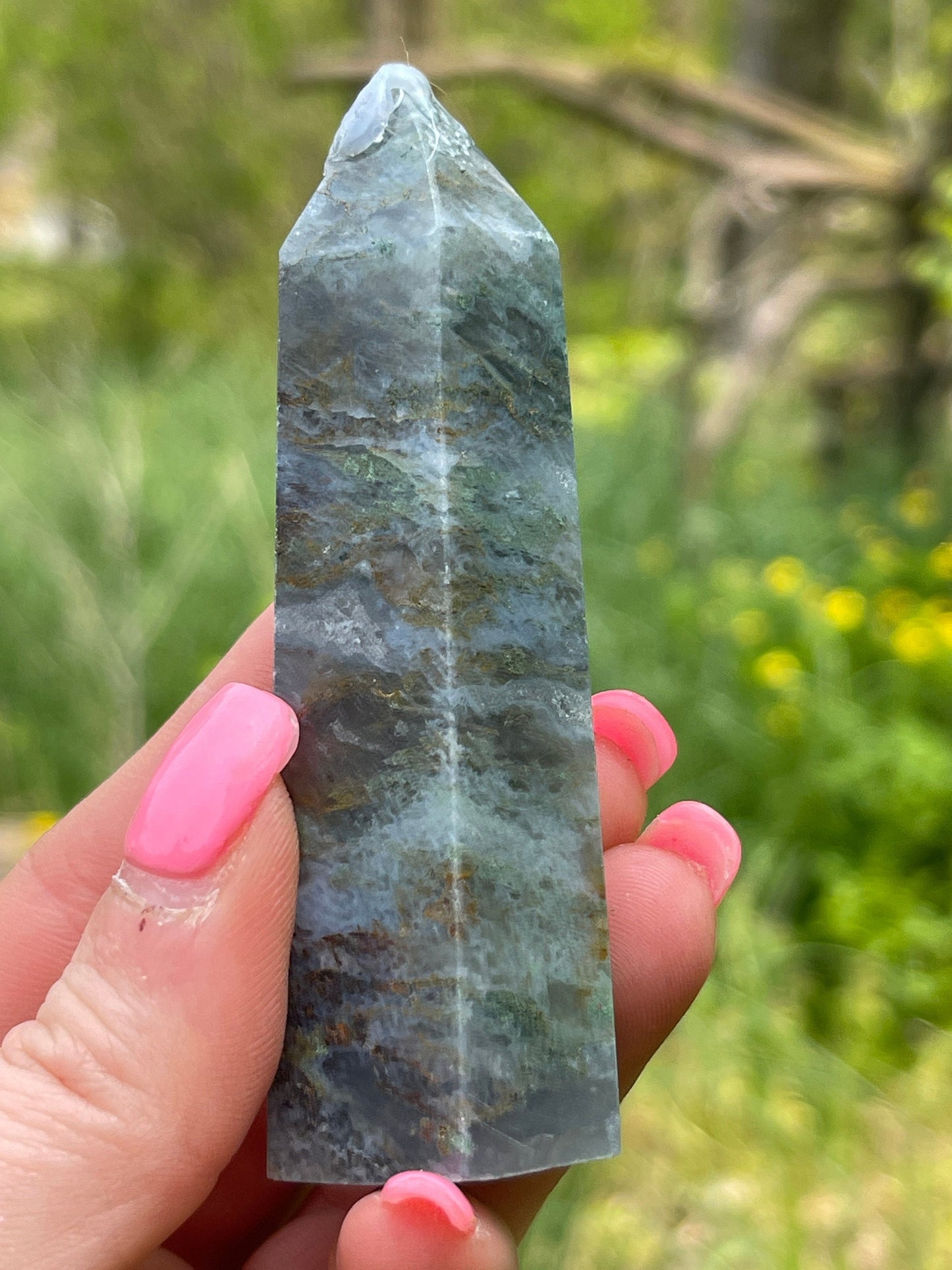 Moss Agate Tower: Crystal Point Gift (3.4in)