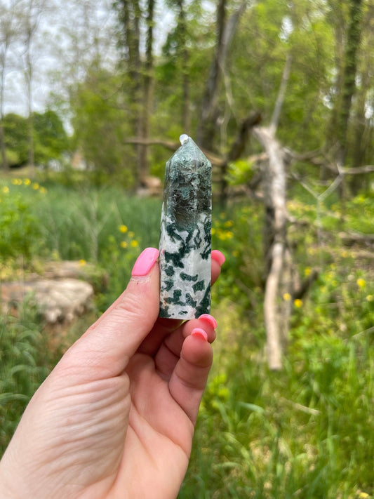 Moss Agate Tower: Crystal Point, New Beginnings Gift