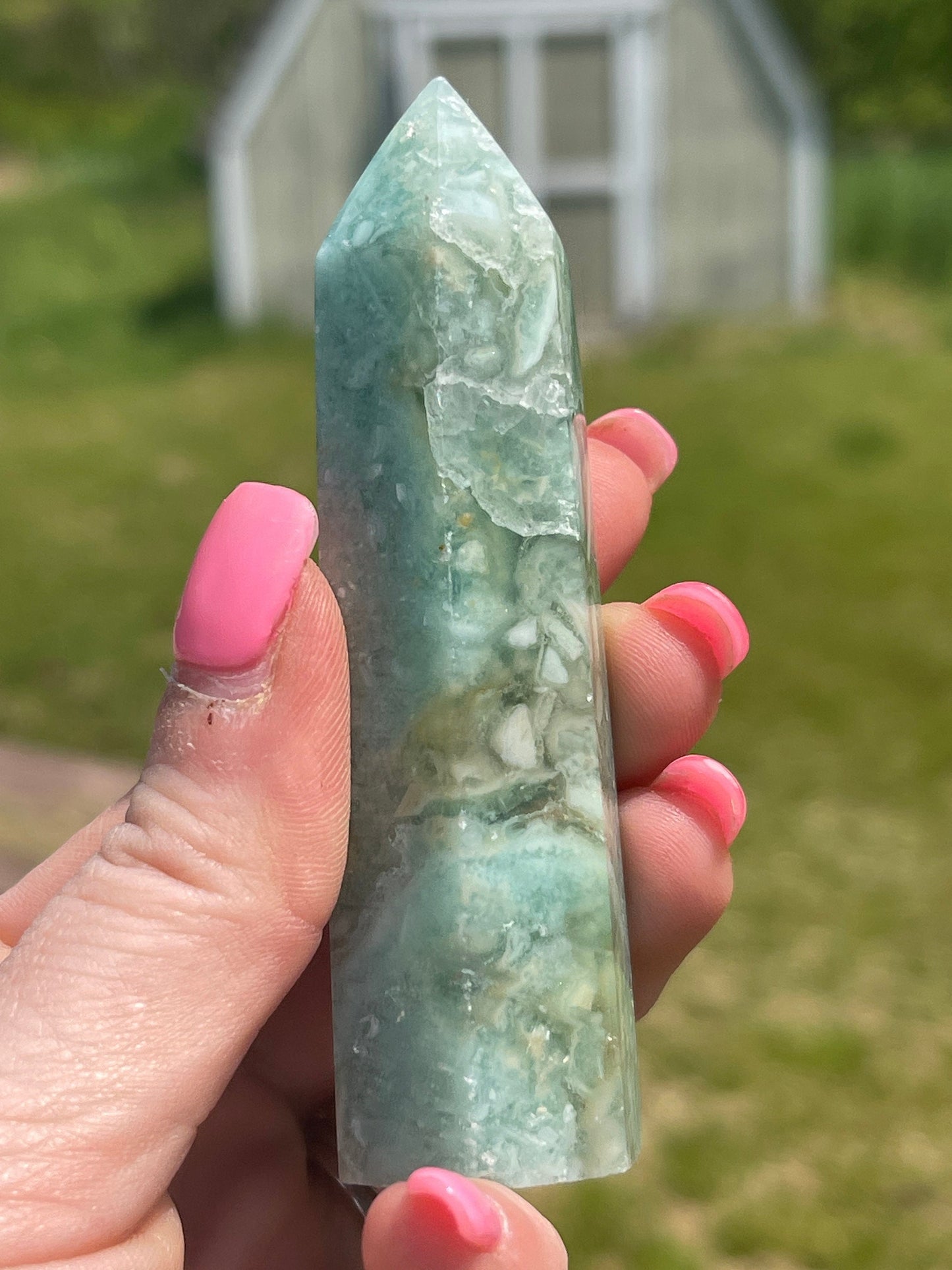 Green Silky Fluorite Crystal Tower: Meditation Stone