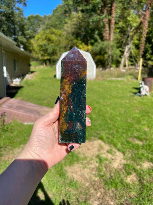 Red Moss Agate Crystal Tower: Meditation Stone, Virgo Zodiac