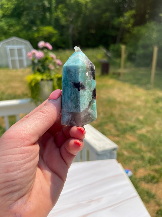 Amazonite Tower with Smoky Quartz and Purple Mica: Madagascar Crystal Carving