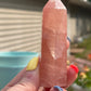 Natural rose calcite tower