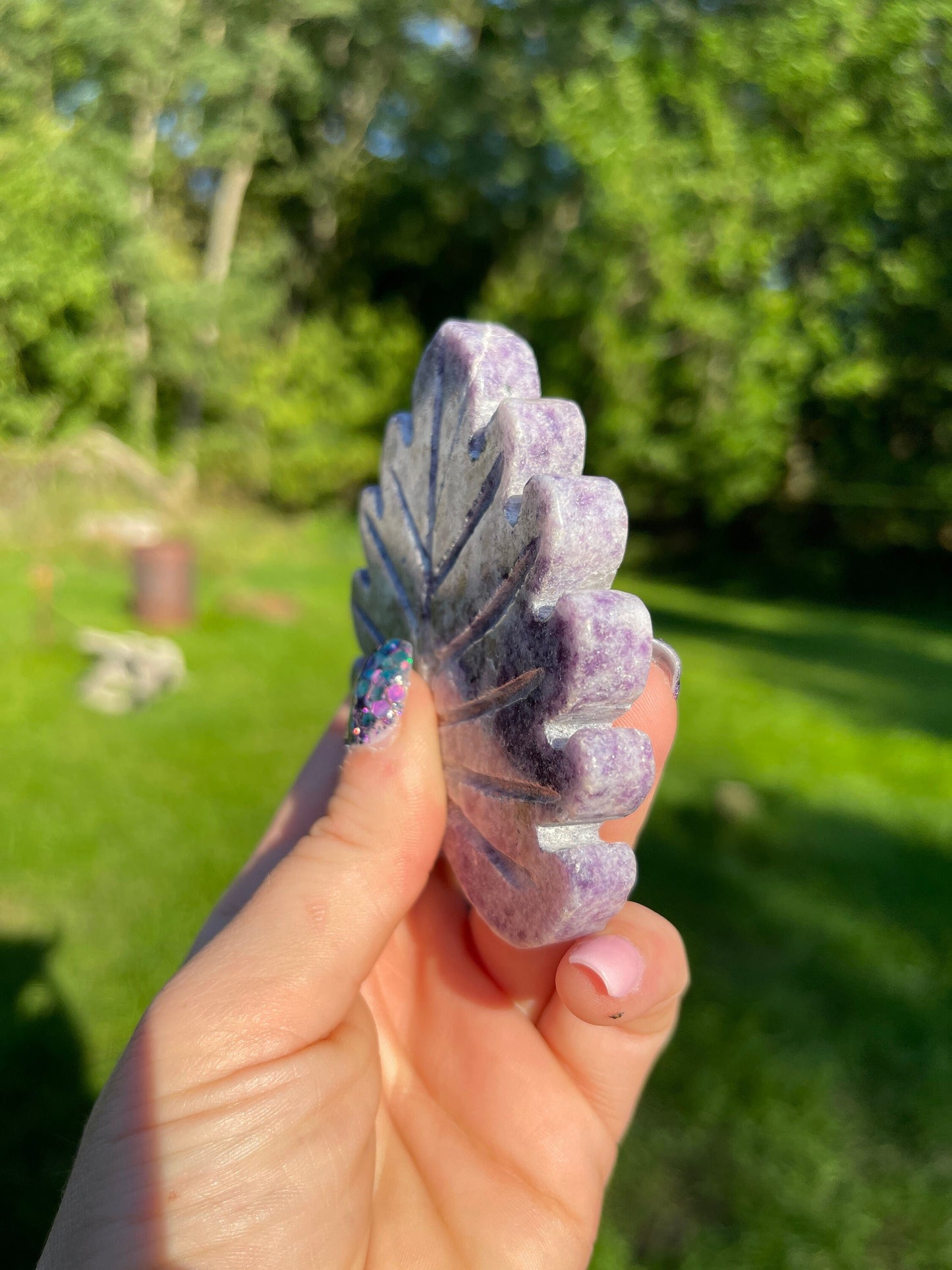 Lepidolite Crystal Leaf Carving