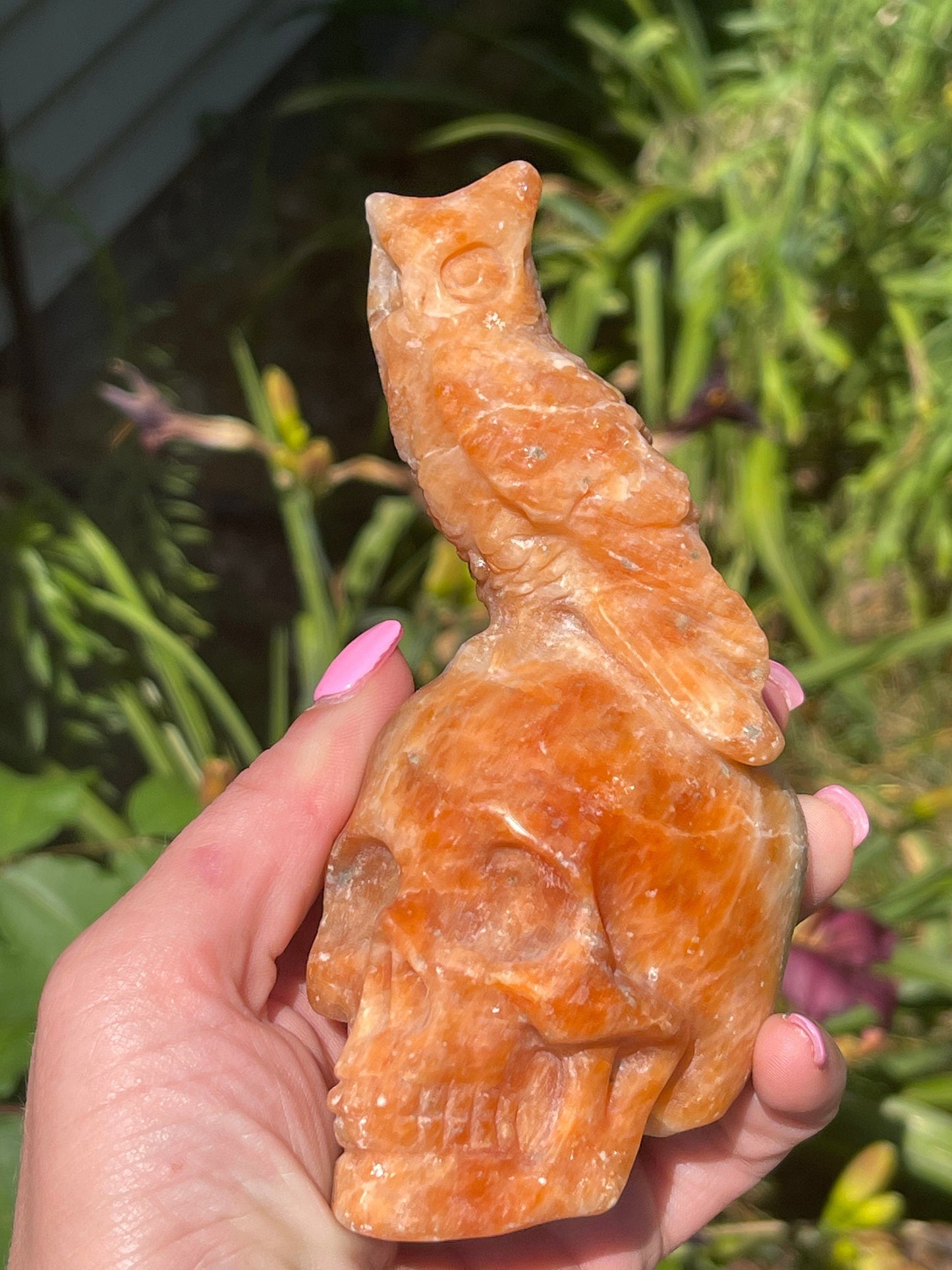 Large Calcite Skull with Owl Carving