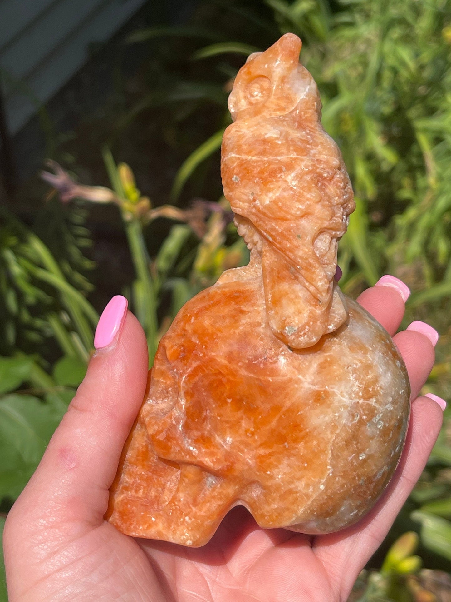 Large Calcite Skull with Owl Carving