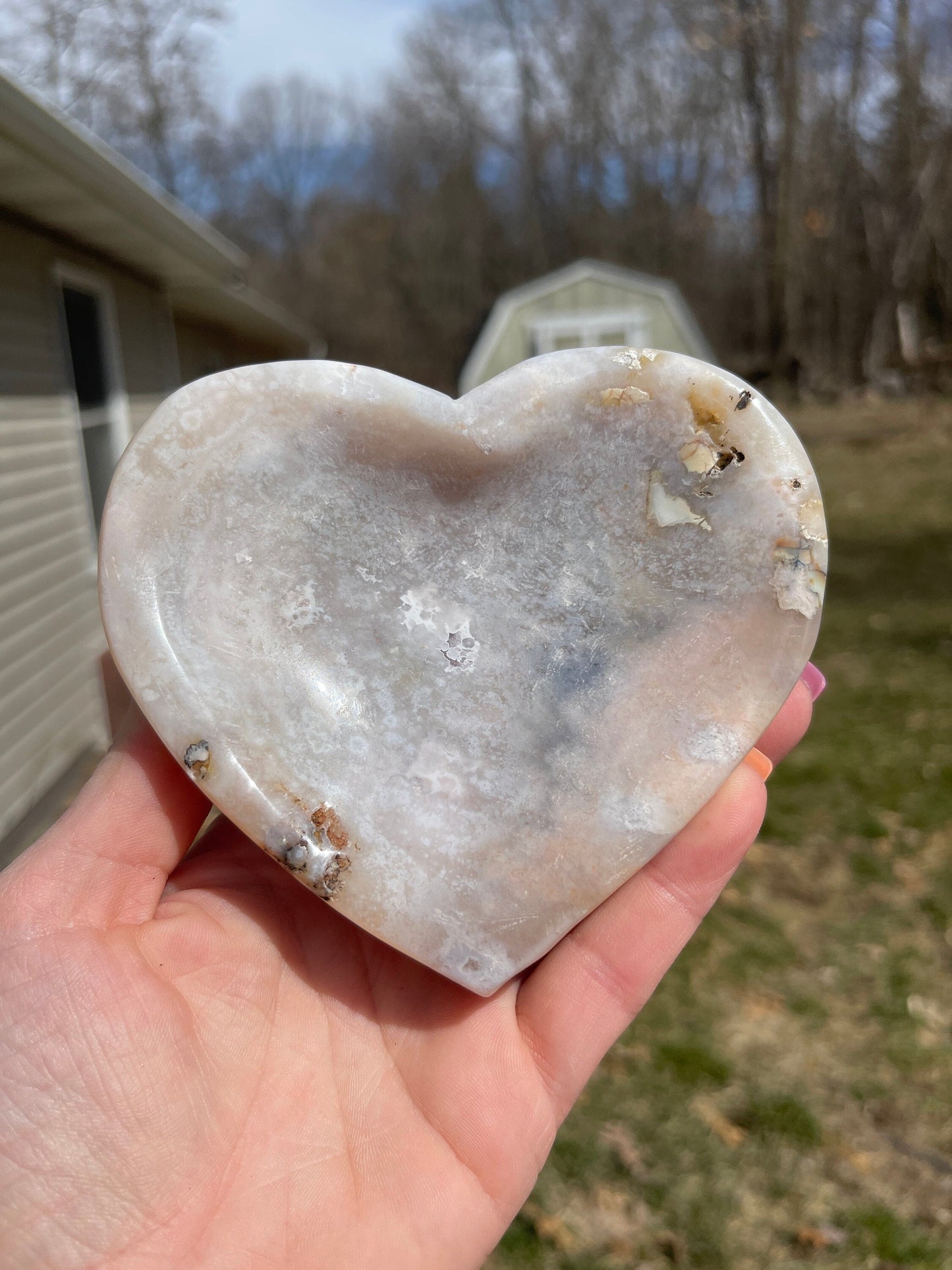 Pink flower agate heart bowl  | crystal carving | meditation crystal
