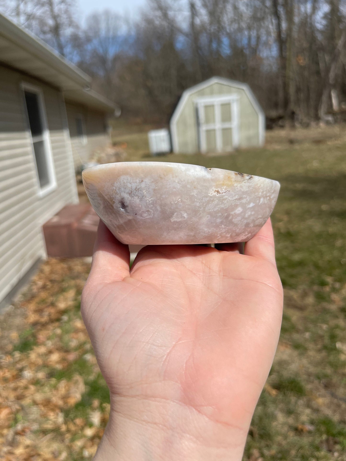 Pink flower agate heart bowl  | crystal carving | meditation crystal