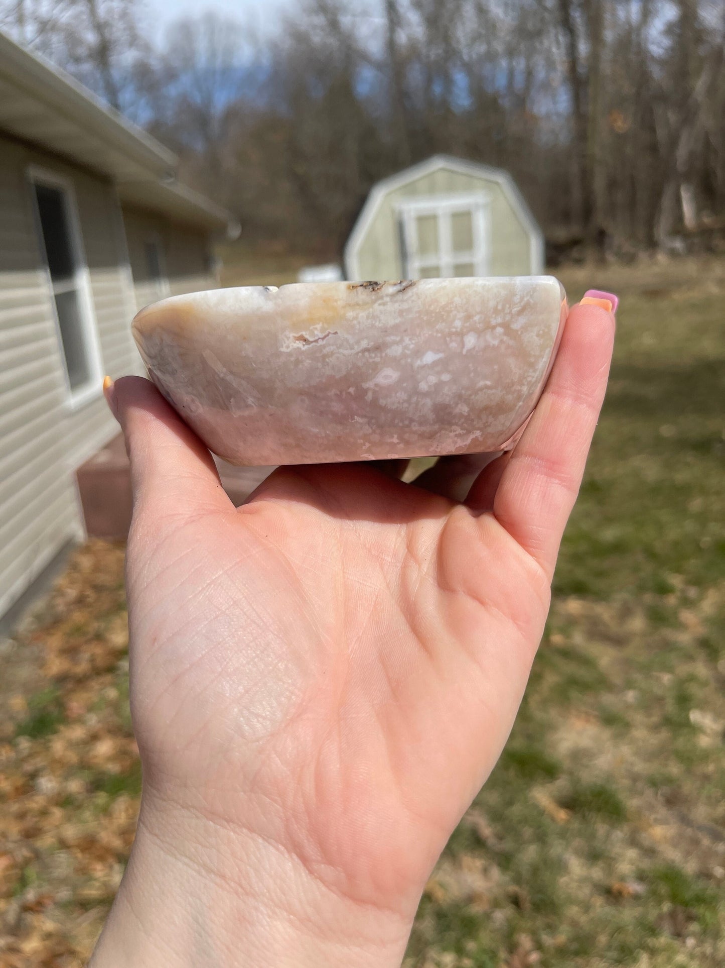 Pink flower agate heart bowl  | crystal carving | meditation crystal