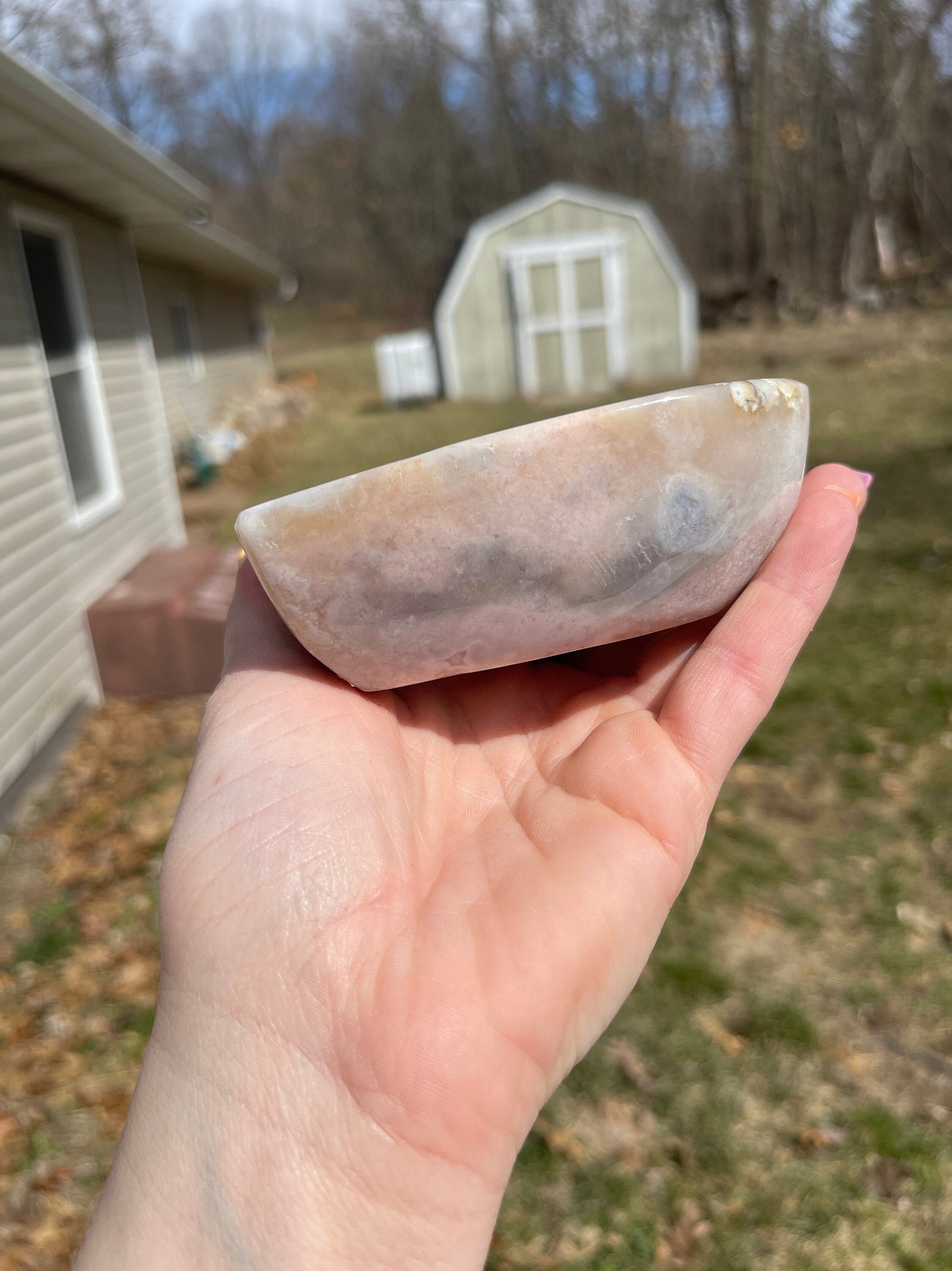 Pink flower agate heart bowl  | crystal carving | meditation crystal