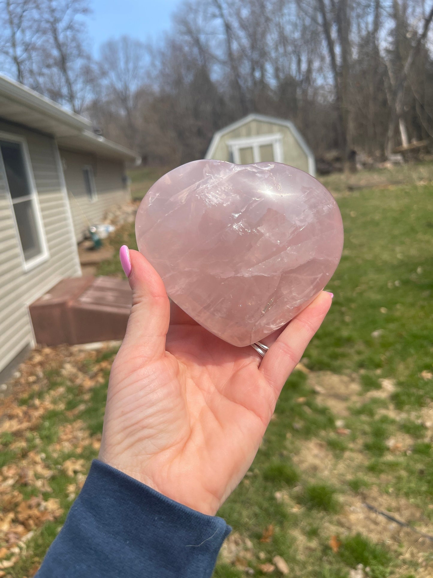 Rose Quartz Crystal Heart Carving with Rainbow Flash