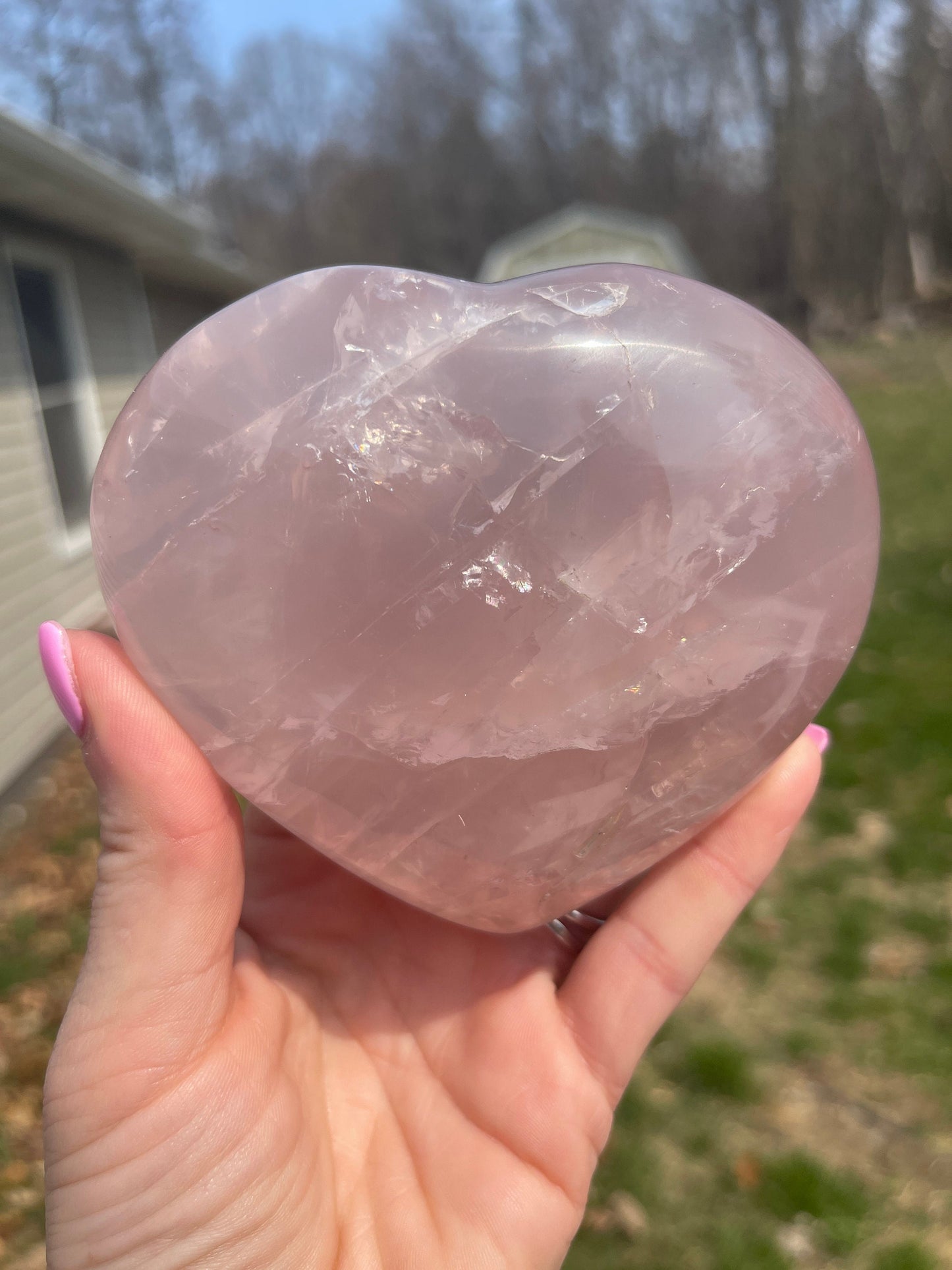 Rose Quartz Crystal Heart Carving with Rainbow Flash