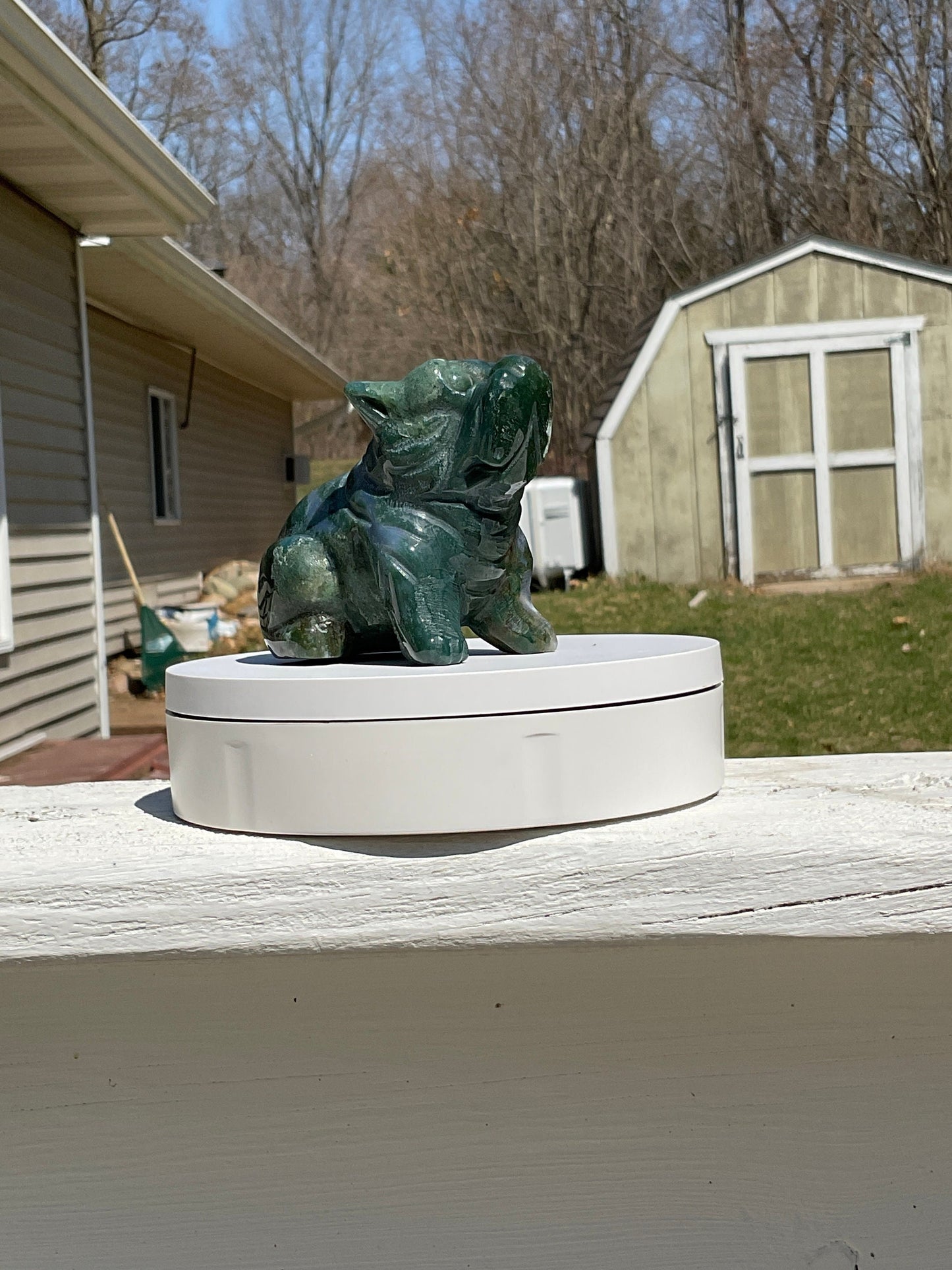 Moss Agate Bulldog Carving