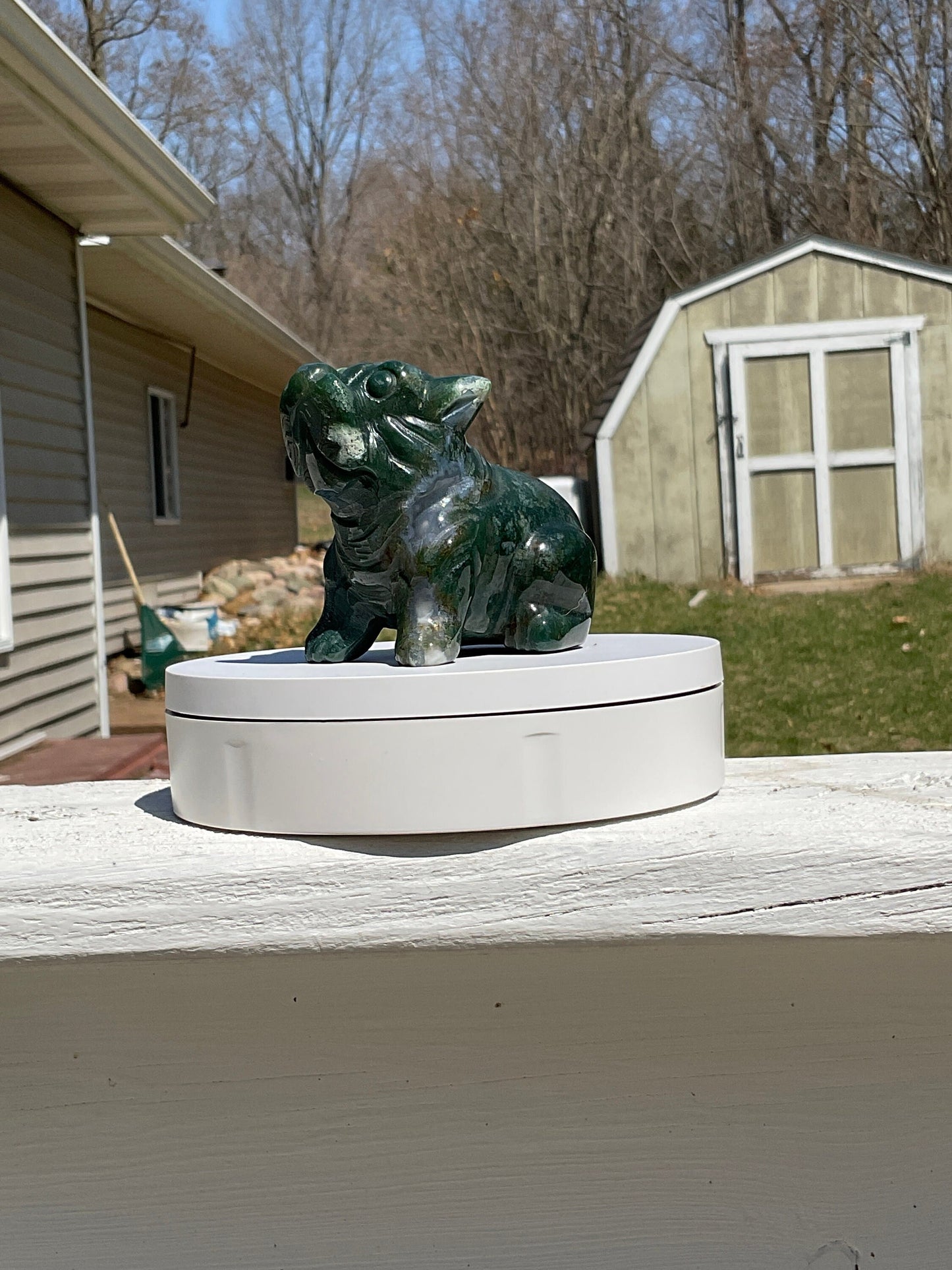 Moss Agate Bulldog Carving